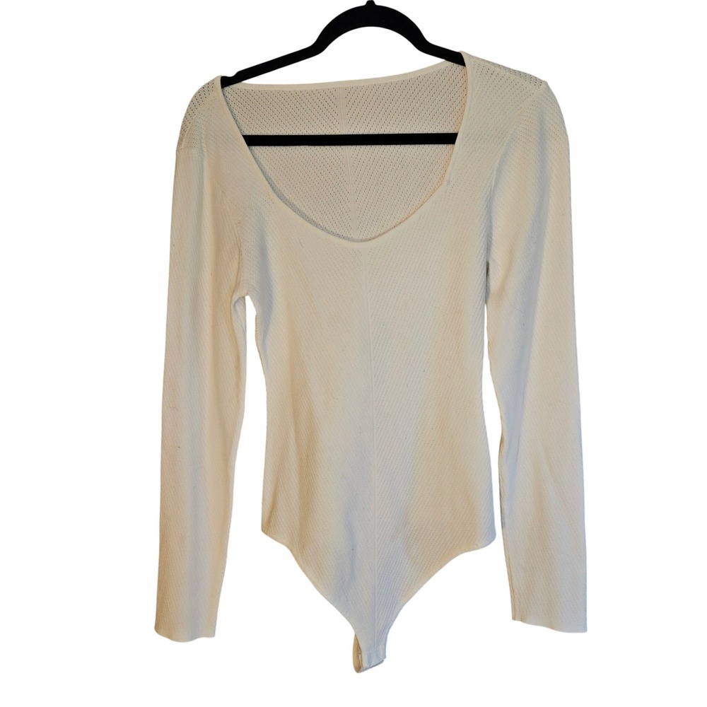 White Pointelle Knit Long Sleeve Scoop Neck Bodysuit Snap Closure Women Size XL